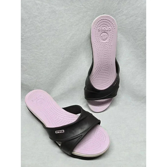 Crocs Shoes - CROCS Cyprus Womens Sz 8 Low Wedge Sandals Brown Pink Criss-Cross Strap Slip On